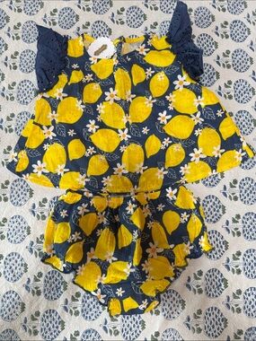 Mud Pie Baby Girls Navy Lemon Print Short Sleeve Top & Bloomers Set